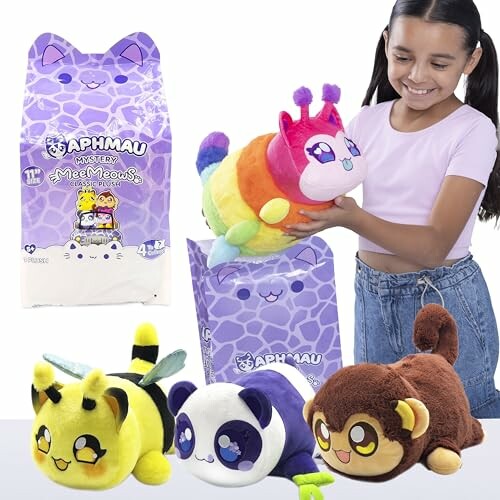 Girl holding Aphmau MeeMeows plush toy with others and packaging.