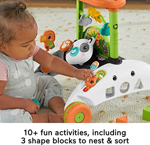 Baby interacting with activity center featuring colorful toys and blocks.