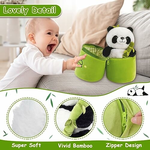 Baby playing with panda-themed toy storage basket on a couch.