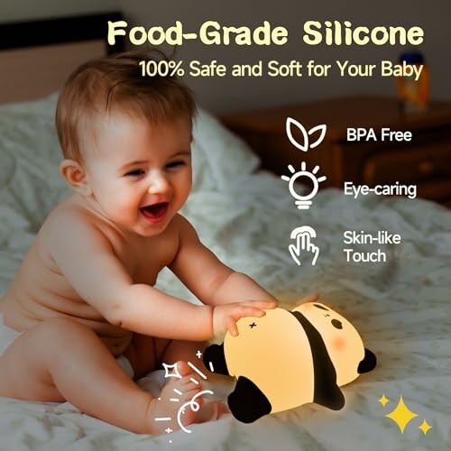 Baby playing with a panda-shaped silicone lamp, labeled as safe and soft.