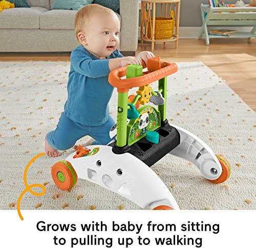 Baby using a walker on a carpeted floor.