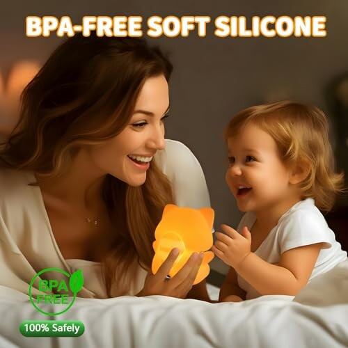 Mother and child with BPA-free soft silicone night light.