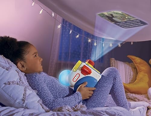 Child using a projector to display a story on the ceiling, creating a cozy reading nook