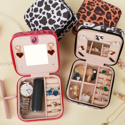 Compact jewelry organizers with earrings, rings, and watch.