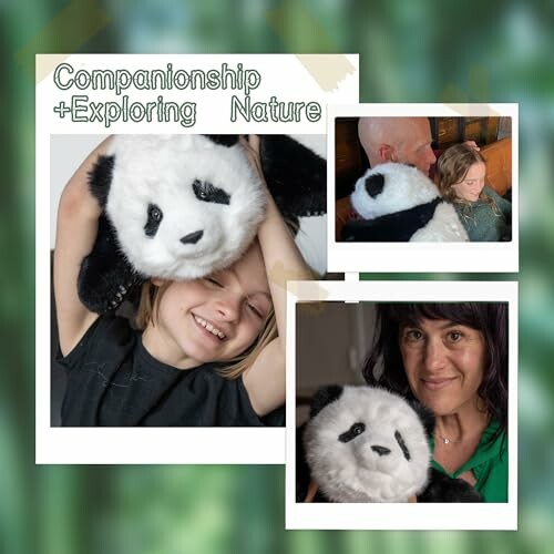 Collage of people enjoying time with a panda plush toy.