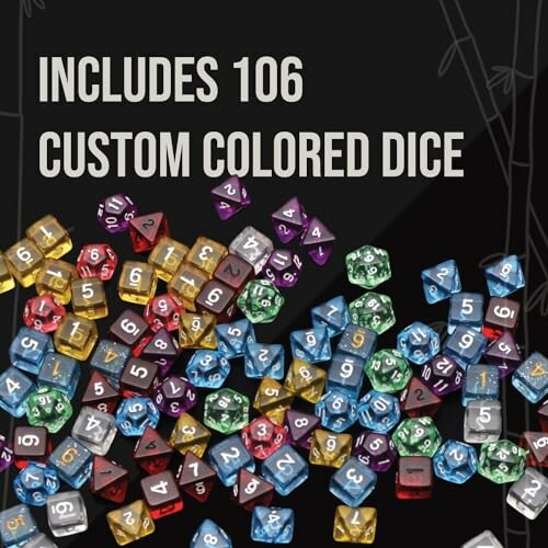 Assorted custom colored dice set with 106 pieces.