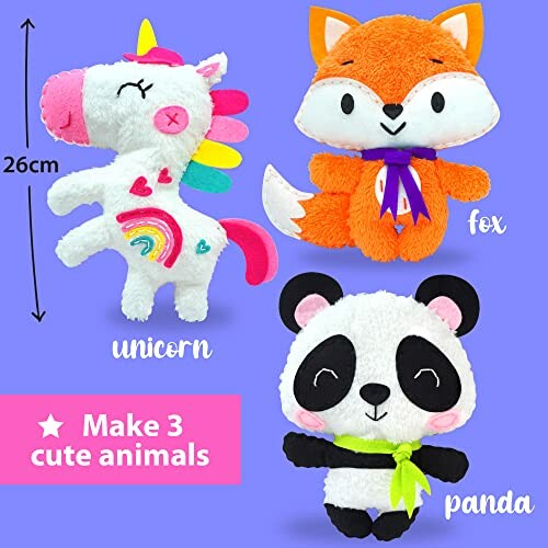 Three plush toys: unicorn, fox, and panda.