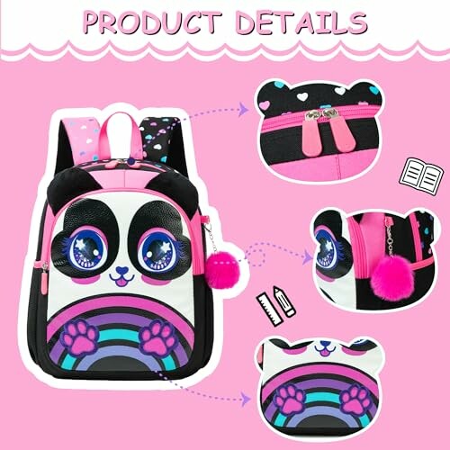 Cute panda backpack with colorful details and pink accents.