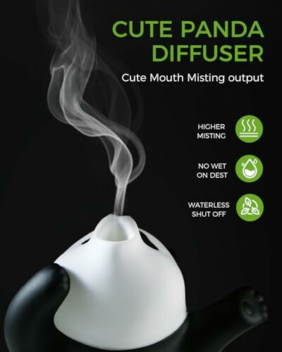 Panda-shaped diffuser emitting mist with features listed.