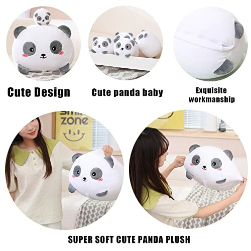 Collage of a cute panda plush toy with design details and child interaction.