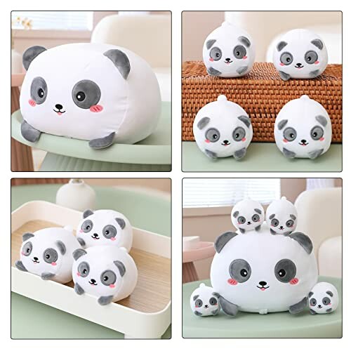 Collection of adorable panda plush toys in various sizes.