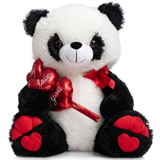 Cute panda teddy bear holding red heart with 'I love you' text.