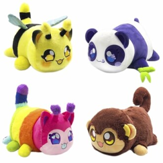 Four cute plush animal toys including a bee, panda, rainbow cat, and monkey.