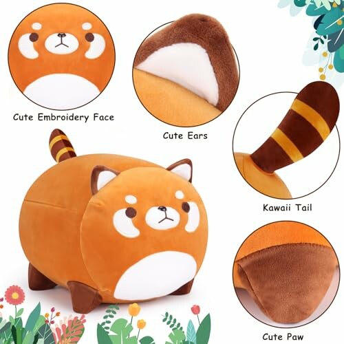 Adorable red panda plush toy with embroidered face, ears, and striped tail.