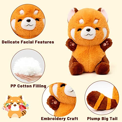 Cute red panda plush toy with delicate facial features, embroidery craft, PP cotton filling, and a plump big tail.