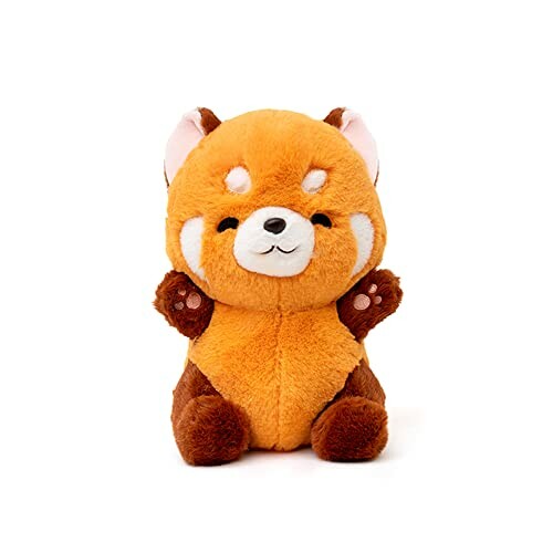 Adorable red panda plush toy sitting on a wooden bench, looking cute and inviting.