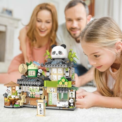 A family enjoying a building block set together, promoting bonding and learning.