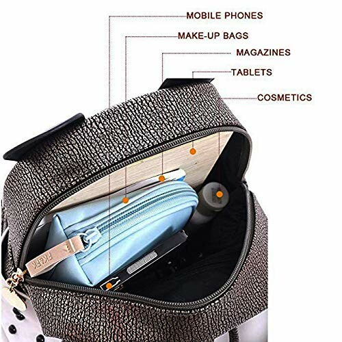 Open backpack showing organized compartments with various items like mobile phones and makeup bags.