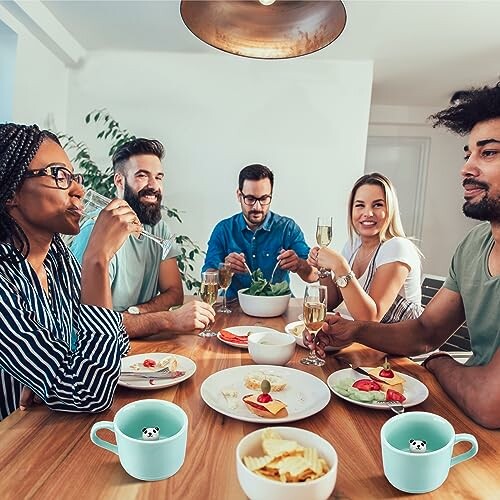 Group of friends sharing a meal at a dining table.