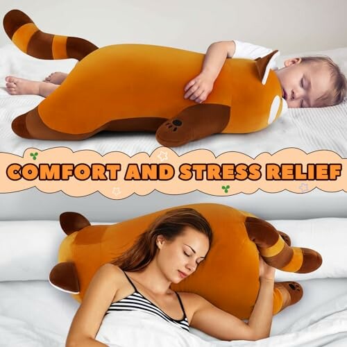 Child and adult sleeping with large plush animal pillow for comfort and stress relief.