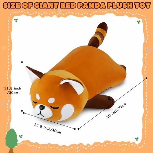 Giant red panda plush toy with dimensions labeled.