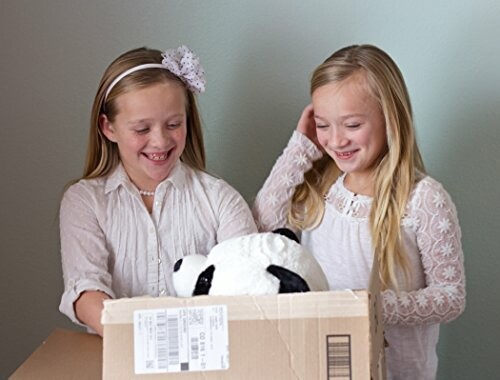 Two girls excitedly unboxing a panda toy from a cardboard box.