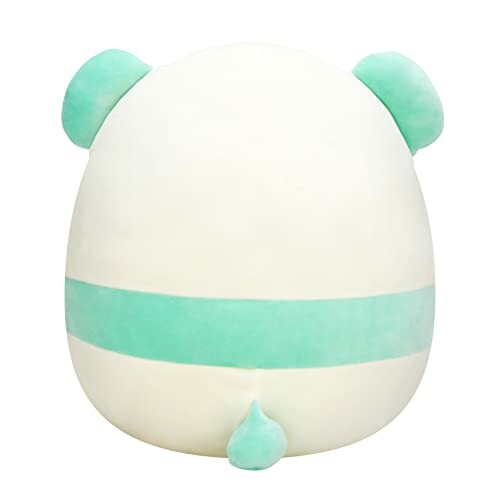 Back view of a green and white plush toy with ears and tail.