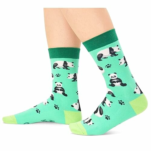 Green socks with panda design.