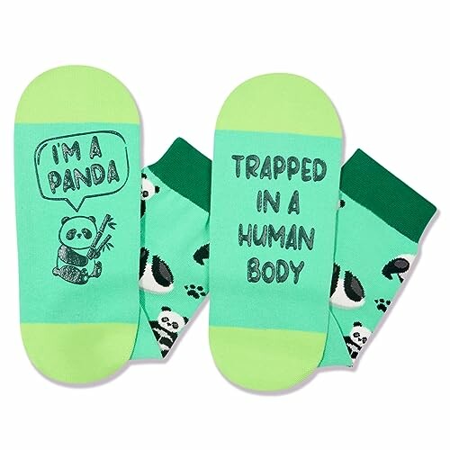 Green socks with panda design and humorous text.