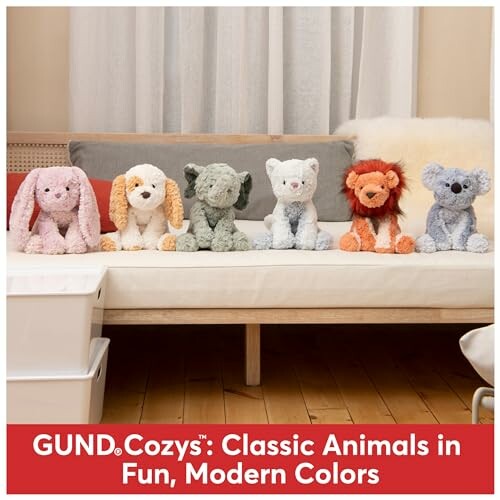 Plush Animal Toys on a Sofa with Colorful Designs