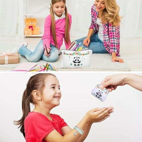 Children and adult engaging in arts and crafts with a panda-themed container.