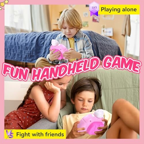 Children playing with a pink handheld video game device in a cozy bedroom setting.