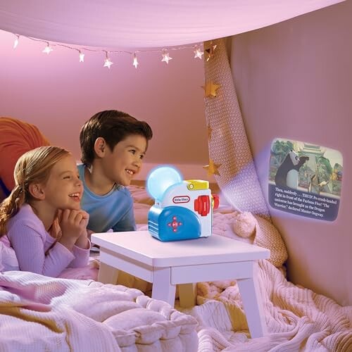 Children using a storybook projector in a cozy tent, enjoying quality time with their family