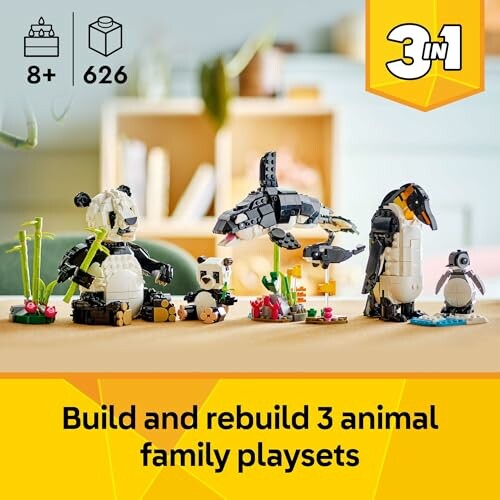 Lego animal family playsets with panda, dolphin, and penguin models, featuring various parts and accessories.