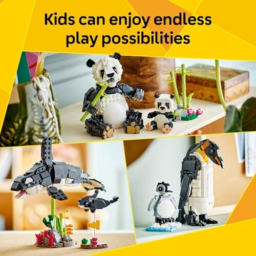 LEGO animal playsets including panda, dolphin, and penguin, featuring colorful bricks and varied designs.