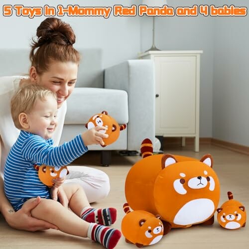 Mother and child playing with red panda toys in a living room.