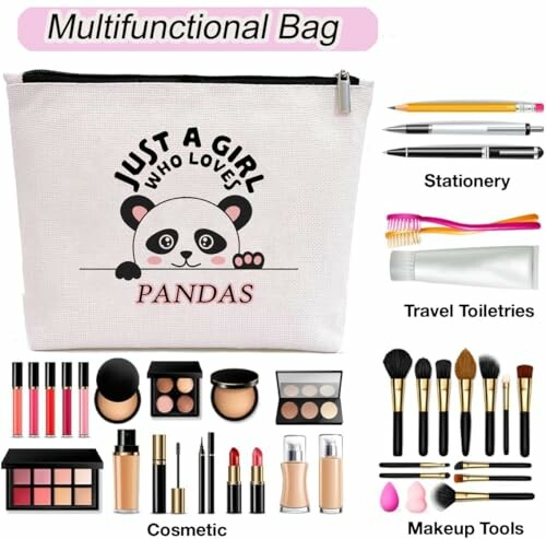 Multifunctional bag with panda design and various accessories including makeup, stationery, and travel toiletries.