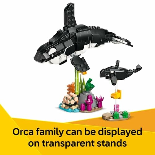 Lego orca family with transparent stands, featuring a colorful and dynamic display.