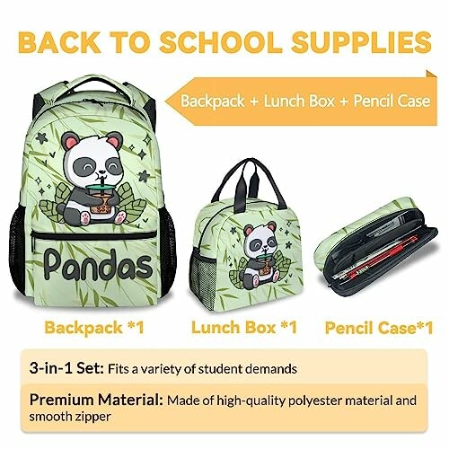 Panda-themed backpack, lunch box, and pencil case set.