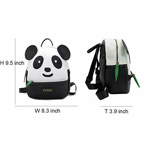 Front and side view of a panda-themed backpack with dimensions.