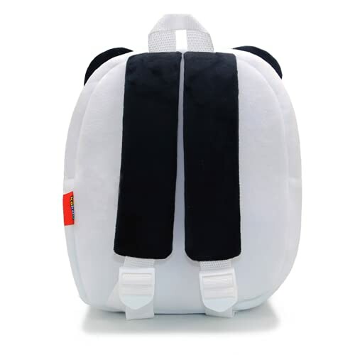 Plush panda-themed backpack with black straps.