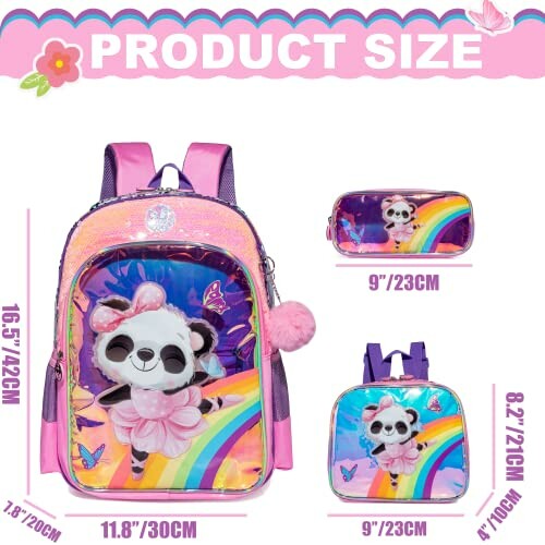 Colorful panda-themed backpack set with dimensions