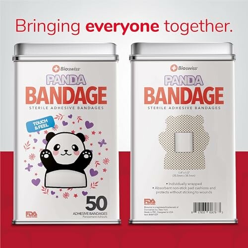 Panda-themed bandage packaging with 50 bandages.