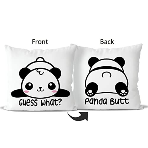 Front and back view of a pillow with a panda design.