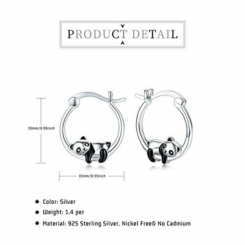 Sterling silver panda earrings with product dimensions and details.