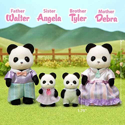 A toy panda family with labeled names and sizes, perfect for kids and collectors alike!