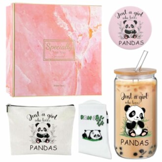 Panda-themed gift set with box, coaster, pouch, socks, and jar.