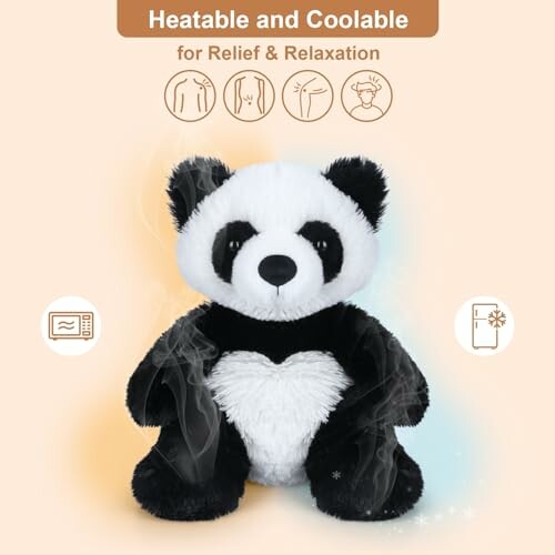 Heatable and coolable panda plush for relief and relaxation.