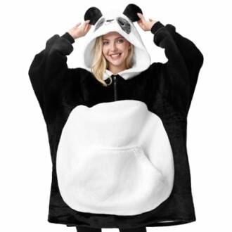 Person wearing a panda-themed hoodie blanket.