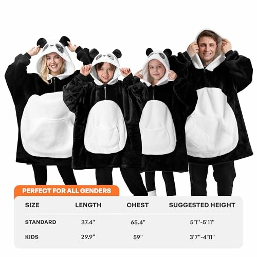 People wearing panda hoodie blankets with size chart.